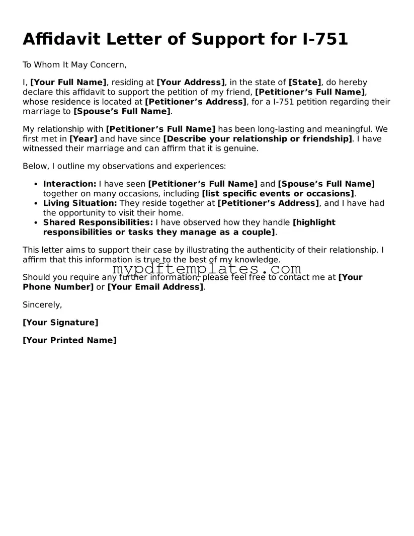Blank Affidavit Letter of Support for I-751 Form
