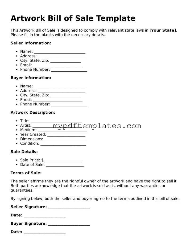 Blank Artwork Bill of Sale Form