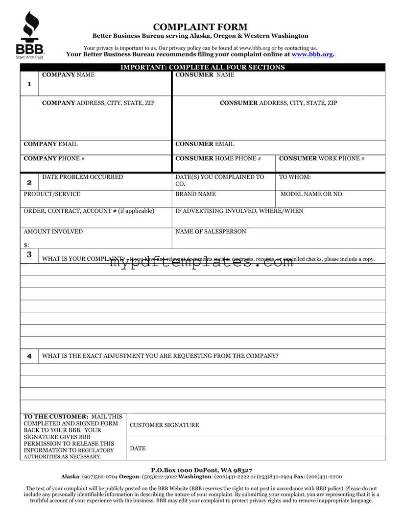 Fill Your Bbb Complaint Template