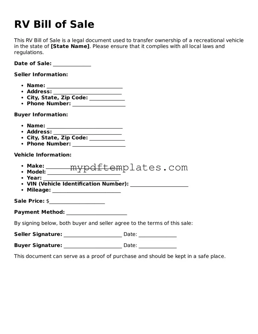 Blank RV Bill of Sale Form