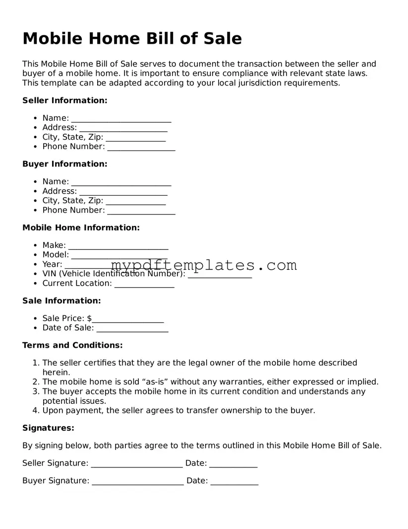 Blank Mobile Home Bill of Sale Form