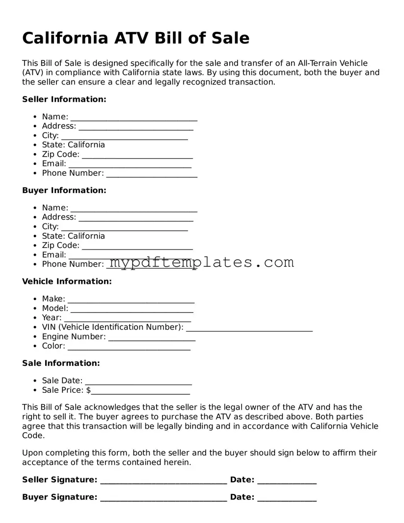 Free California ATV Bill of Sale Template