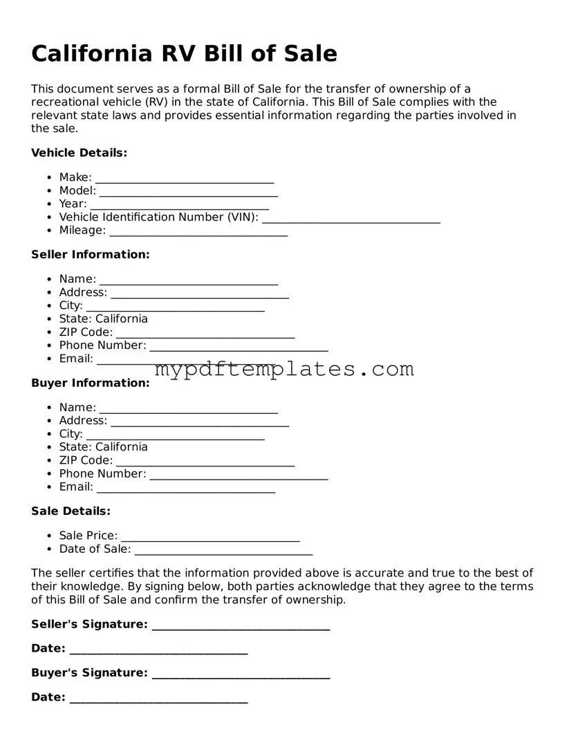 Free California RV Bill of Sale Template