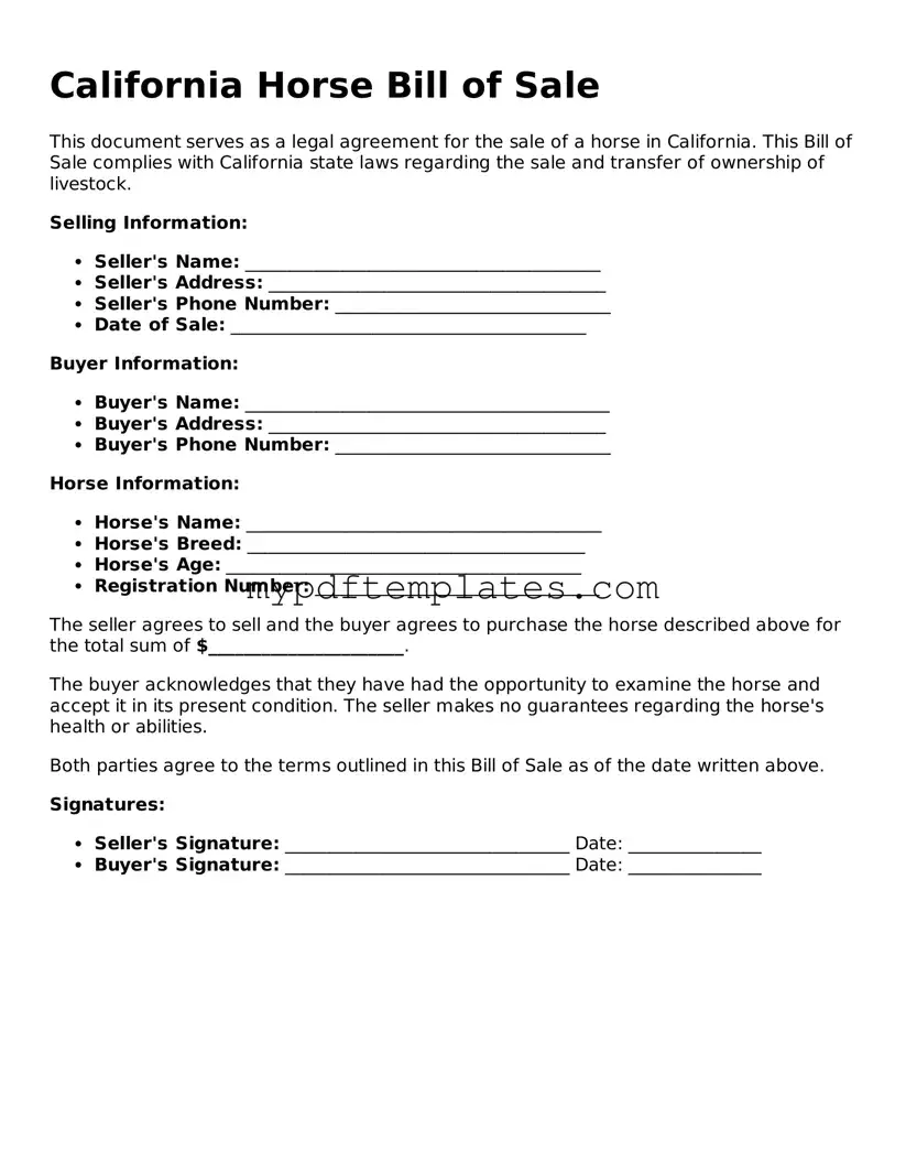 Free California Horse Bill of Sale Template