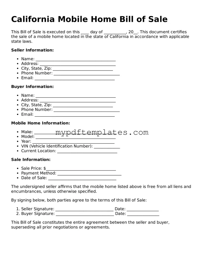Free California Mobile Home Bill of Sale Template