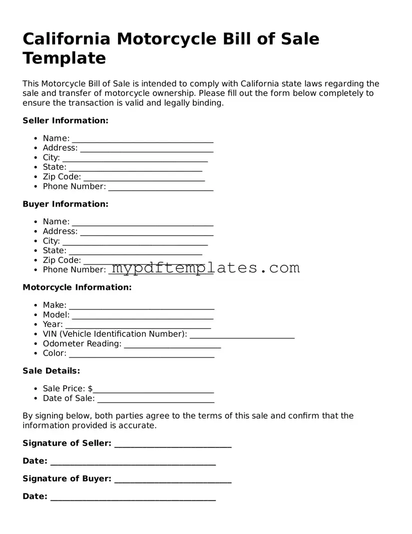 Free California Motorcycle Bill of Sale Template