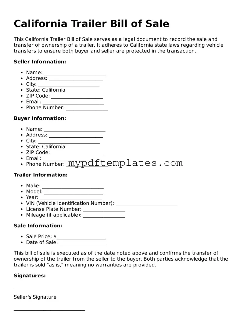 Free California Trailer Bill of Sale Template