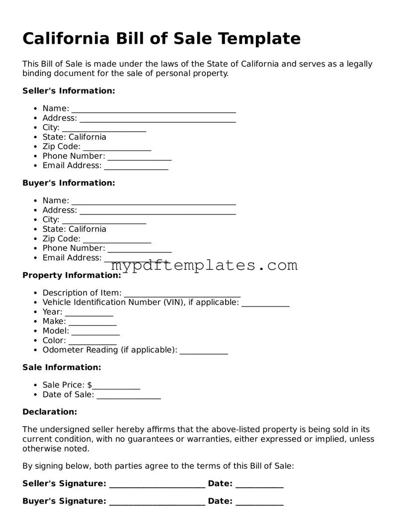 Free California Bill of Sale Template