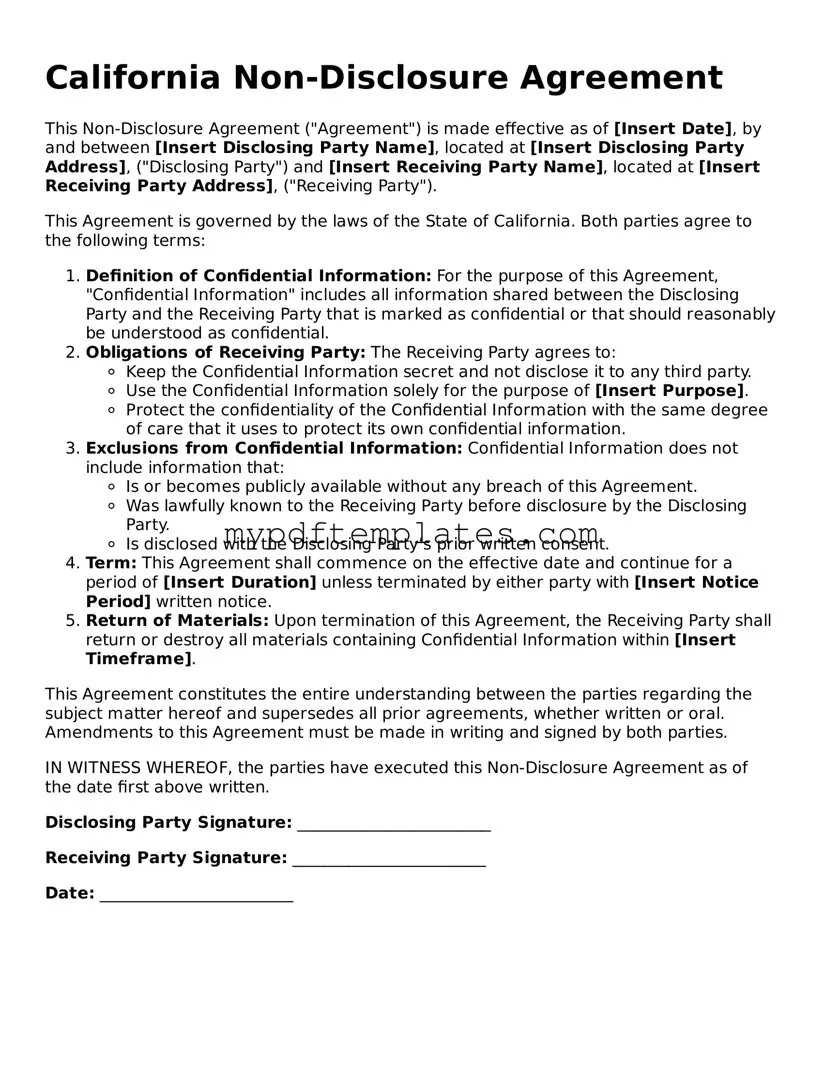 Free California Non-disclosure Agreement Template