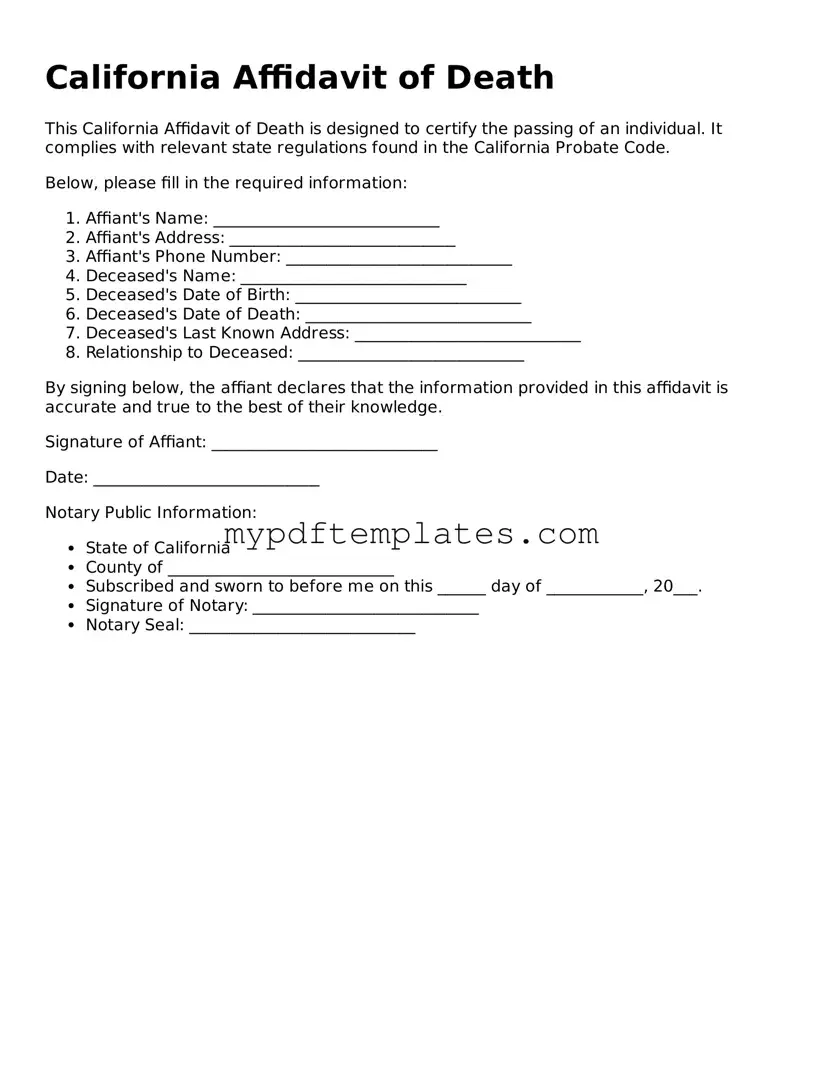 Free California Affidavit of Death Template