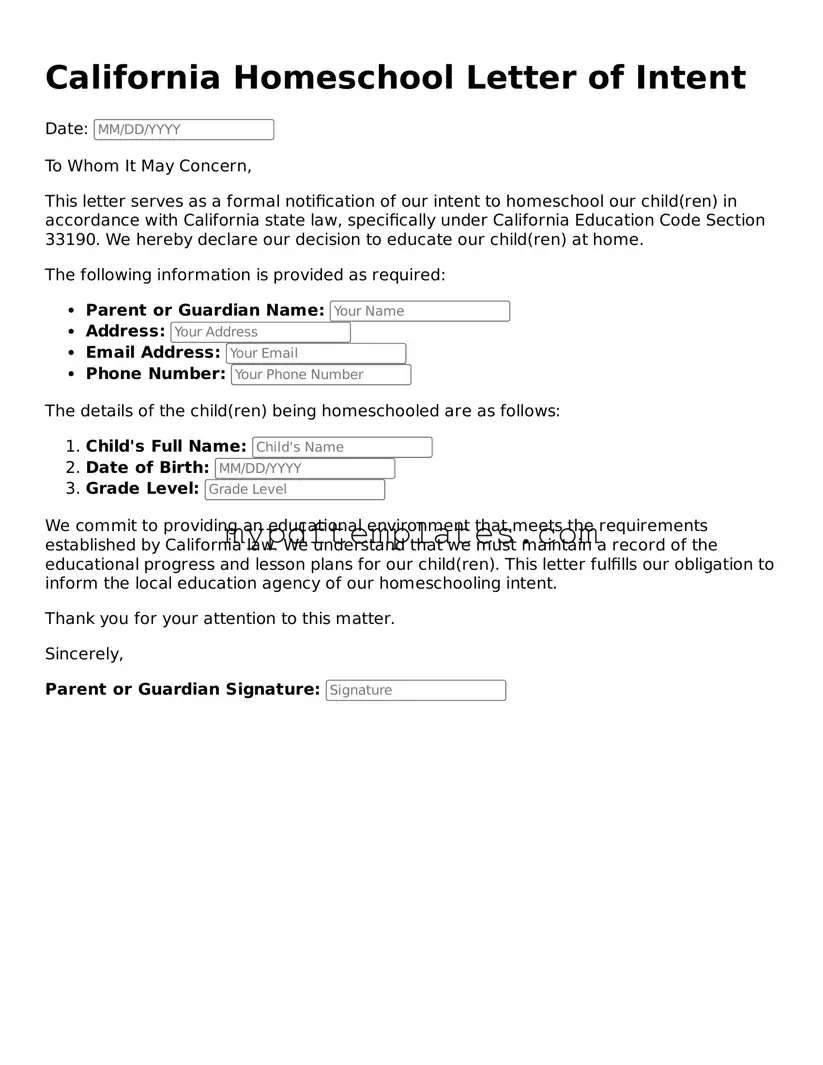 Free California Homeschool Letter of Intent Template