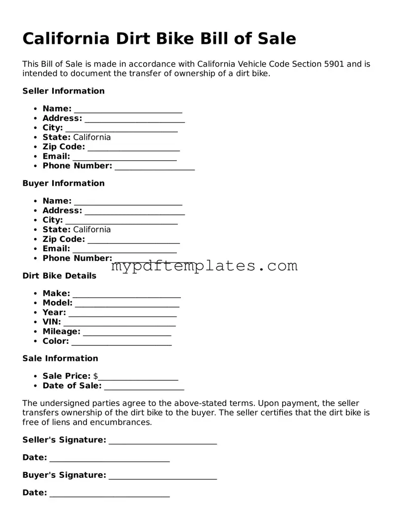 Free California Dirt Bike Bill of Sale Template