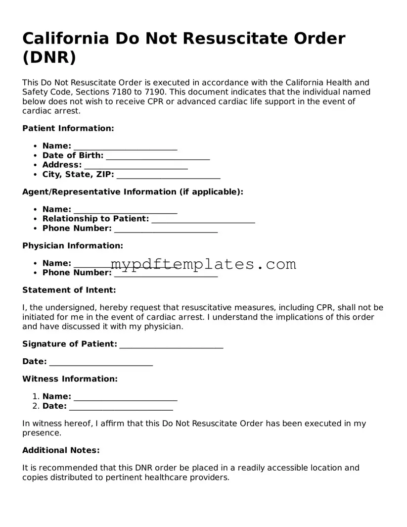 Free California Do Not Resuscitate Order Template