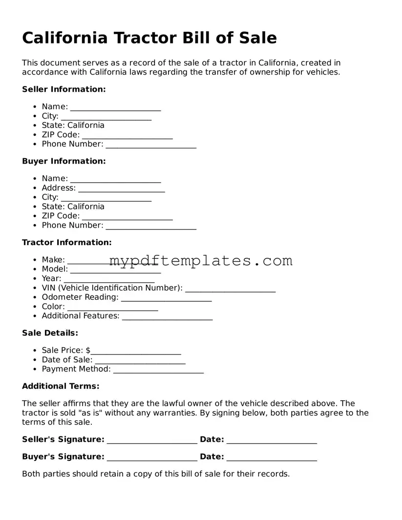 Free California Tractor Bill of Sale Template