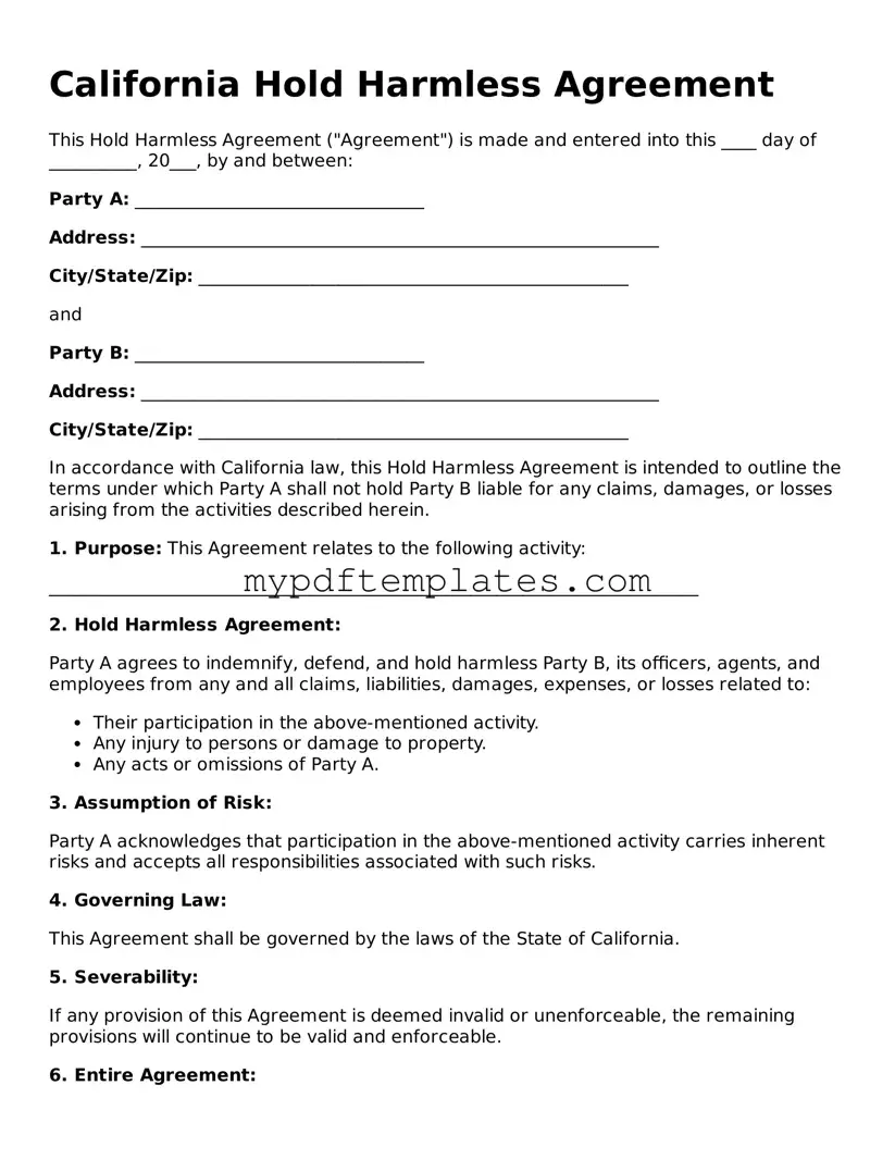Free California Hold Harmless Agreement Template