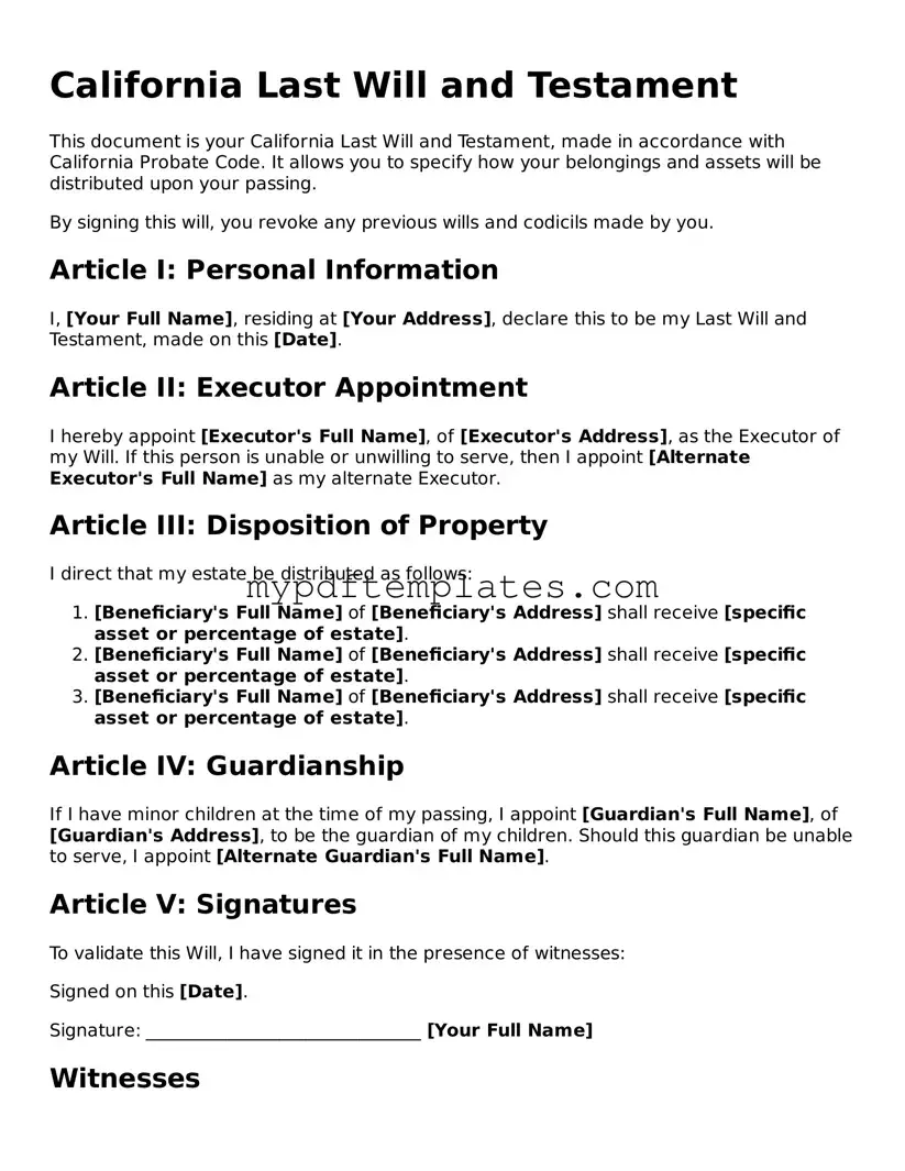 Free California Last Will and Testament Template