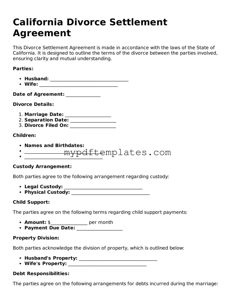 Free California Divorce Settlement Agreement Template