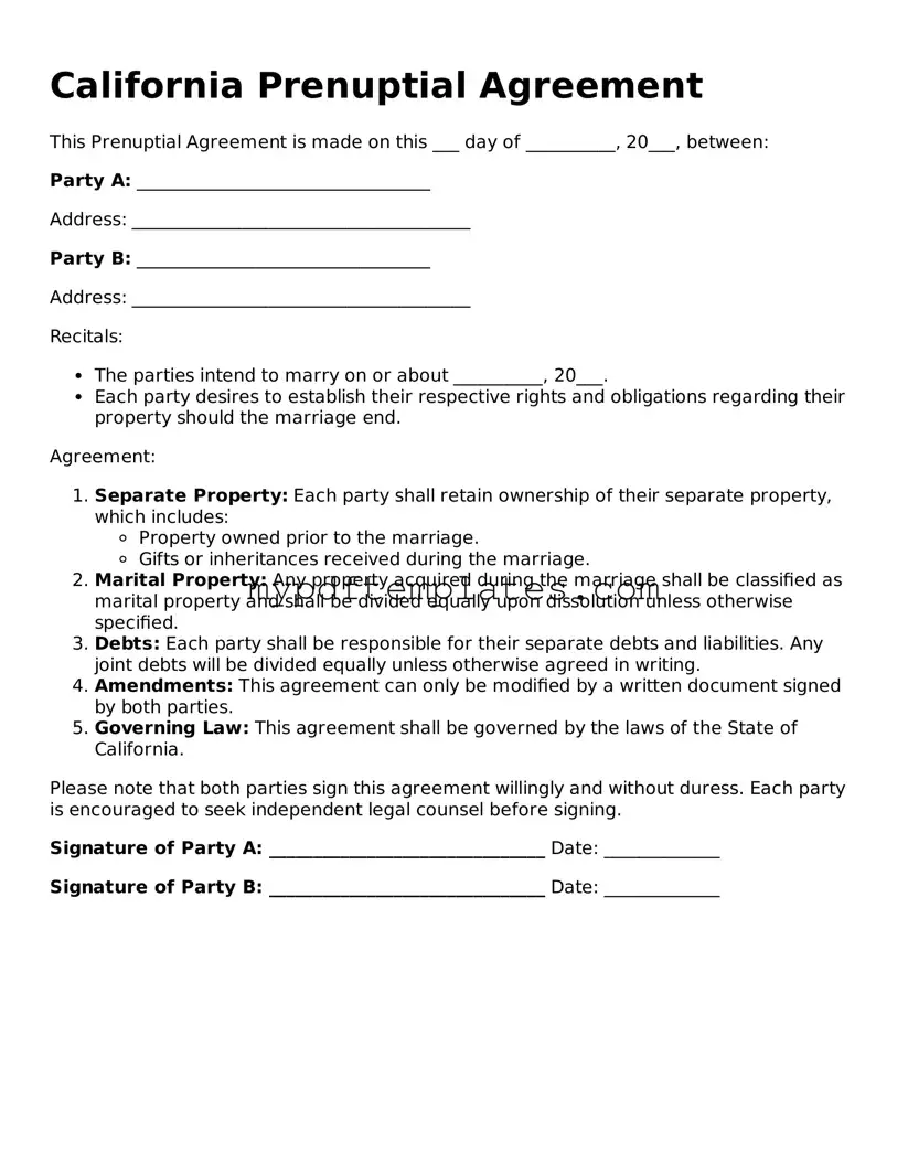 Free California Prenuptial Agreement Template