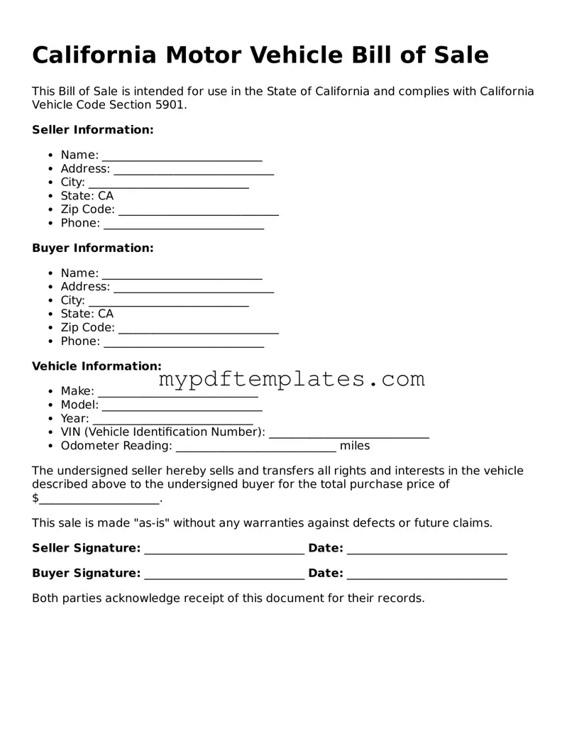 Free California Motor Vehicle Bill of Sale Template
