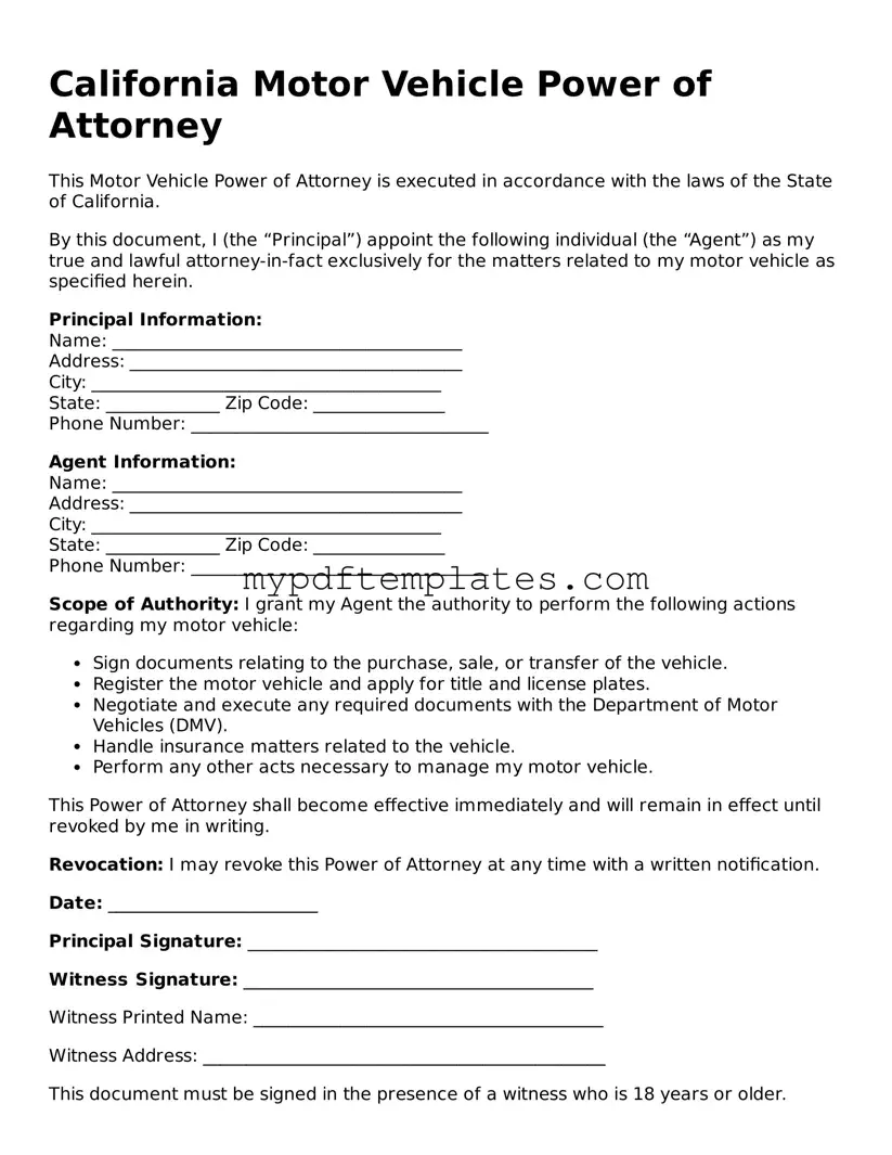 Free California Motor Vehicle Power of Attorney Template