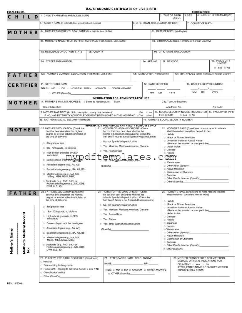 Fill Your CDC U.S. Standard Certificate of Live Birth Template