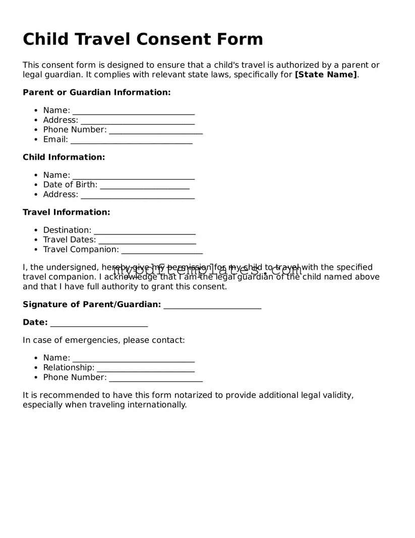 Blank Child Travel Consent Form Form