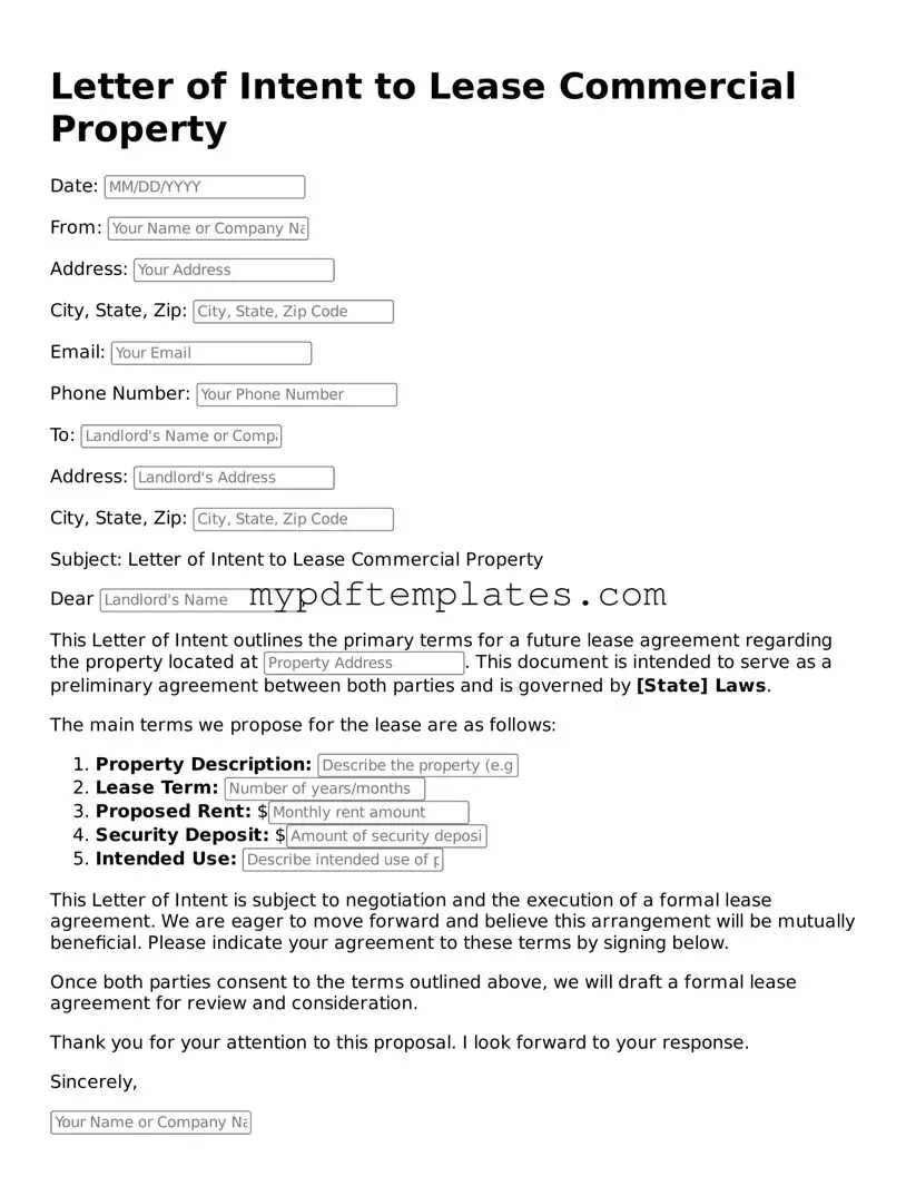 Blank Letter of Intent to Lease Commercial Property Form