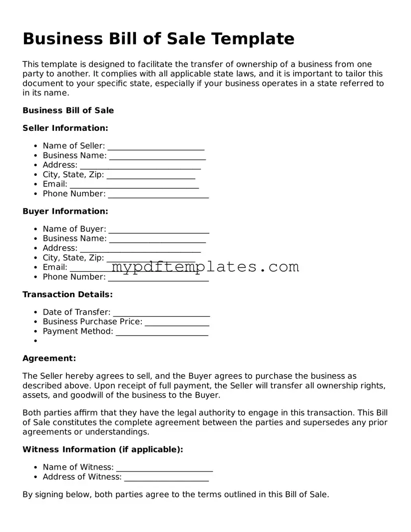 Blank Business Bill of Sale Form