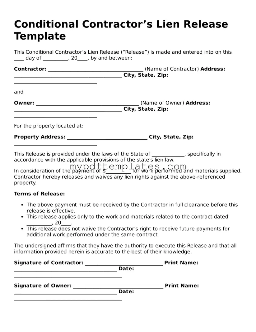 Blank Conditional Contractor’s Lien Release Form