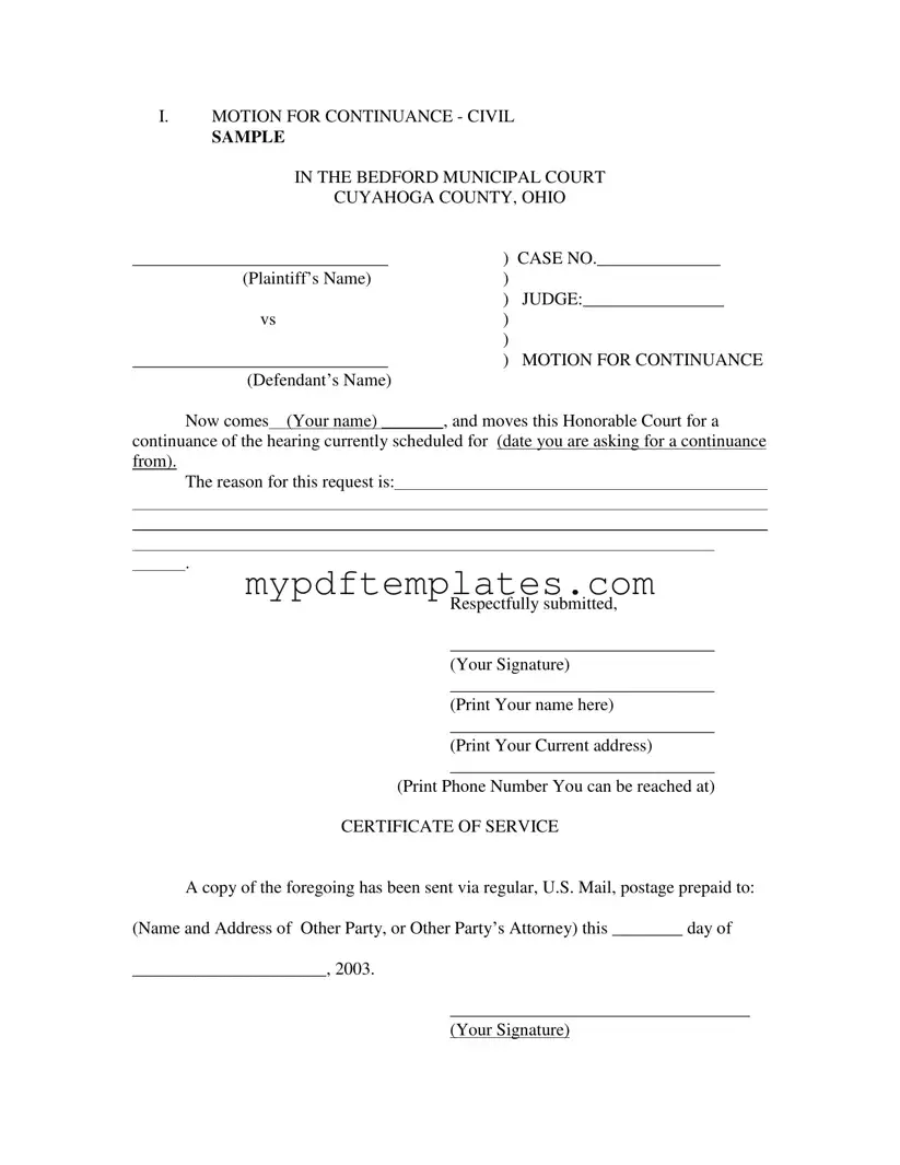 Fill Your Motion For Continuance Template