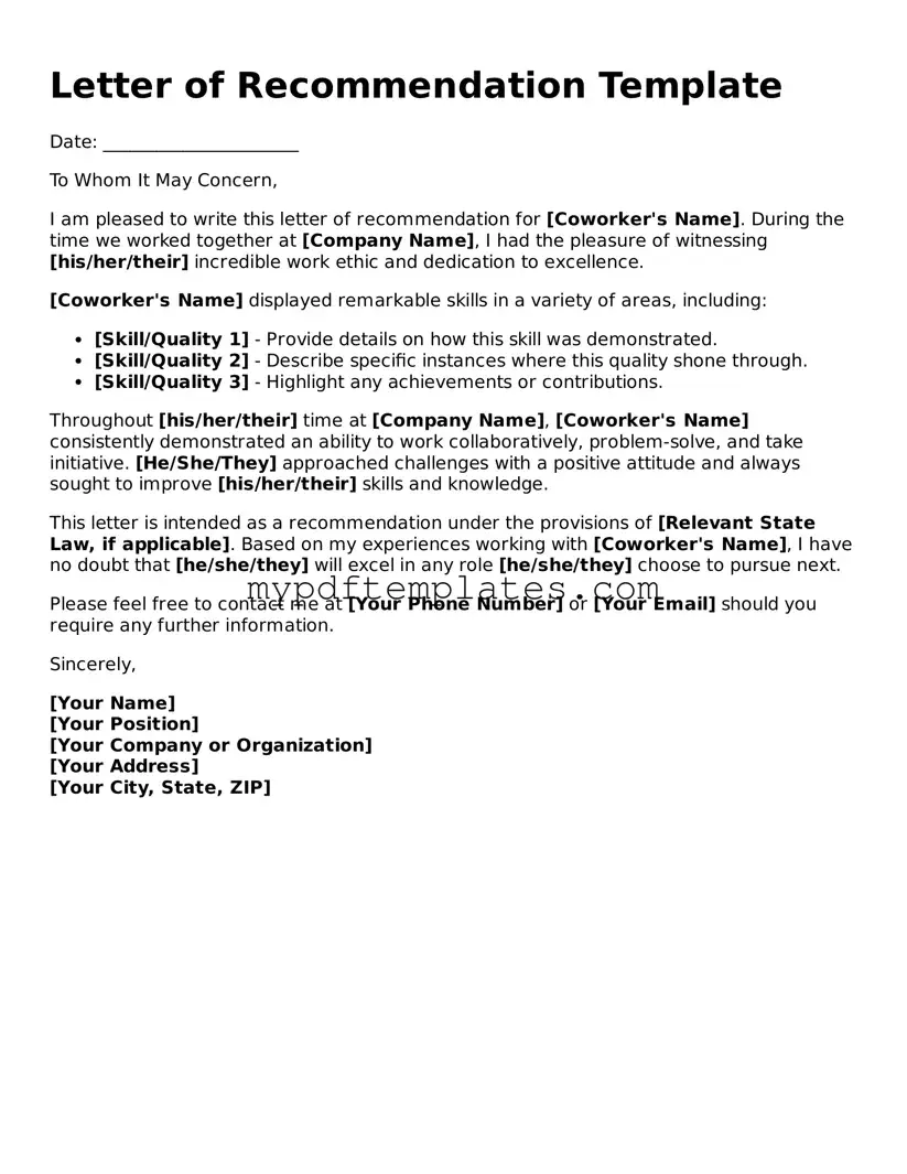 Blank Letter of Recommendation for Coworker Form
