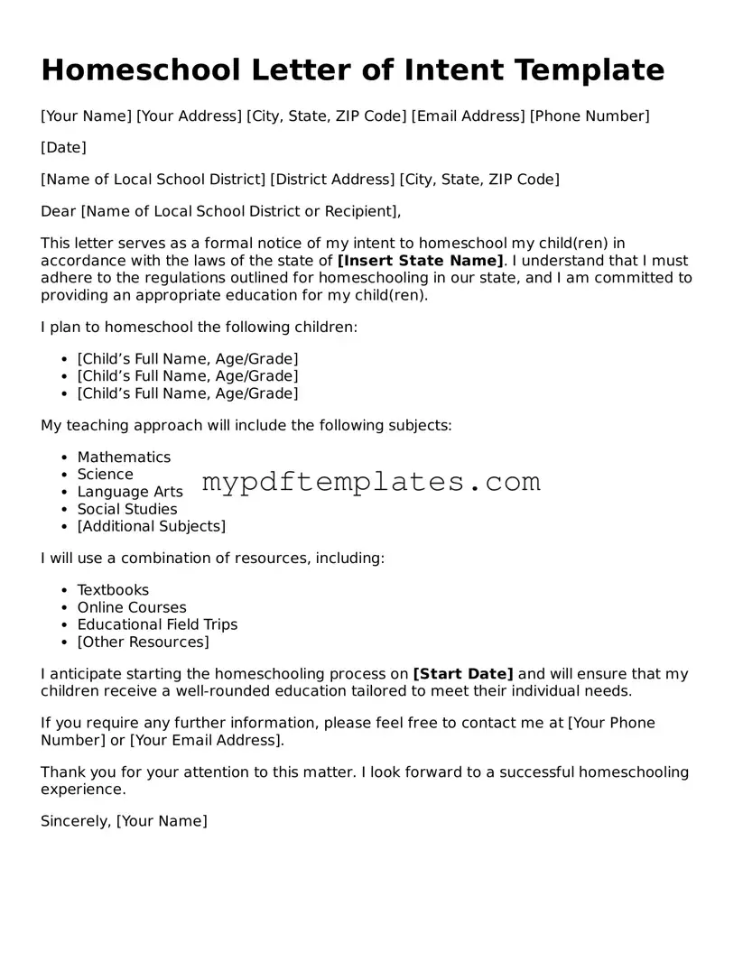 Blank Homeschool Letter of Intent Form