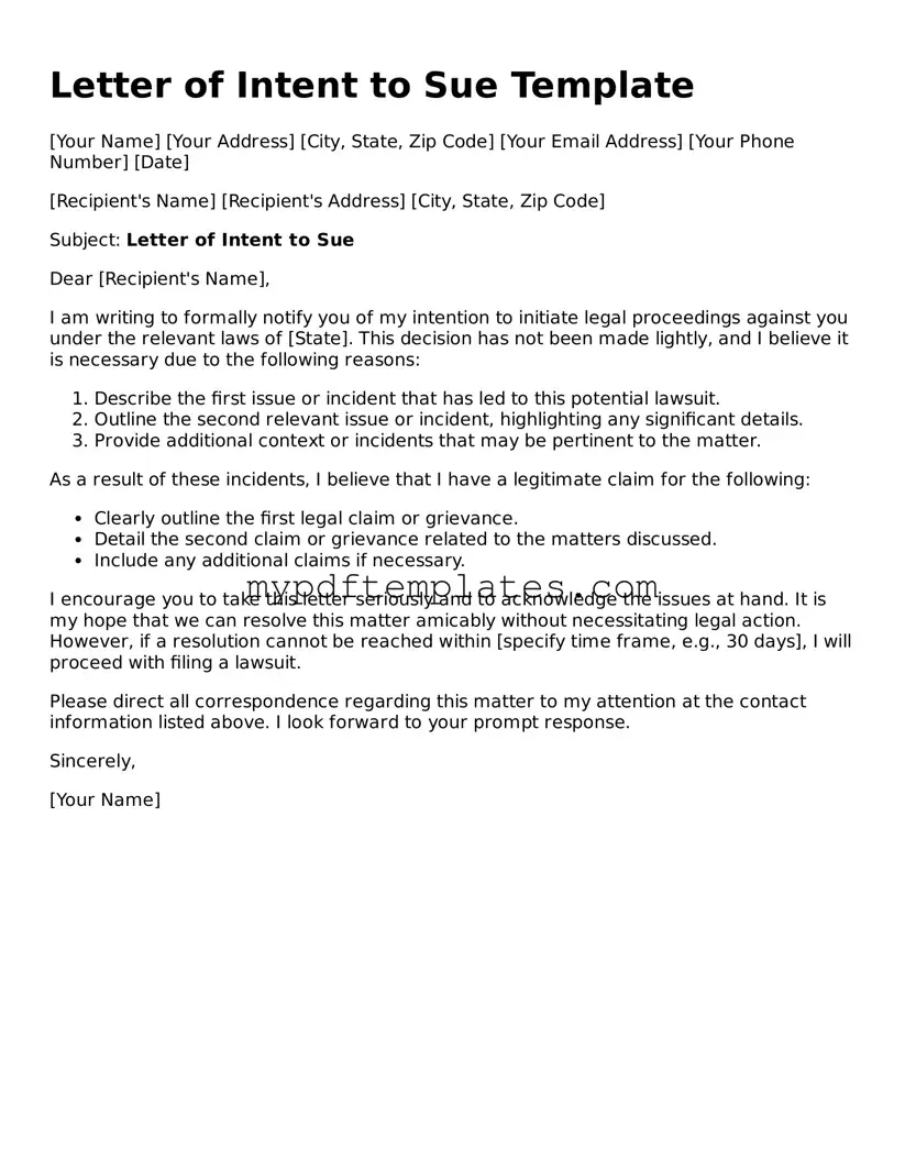 Blank Letter of Intent to Sue Form