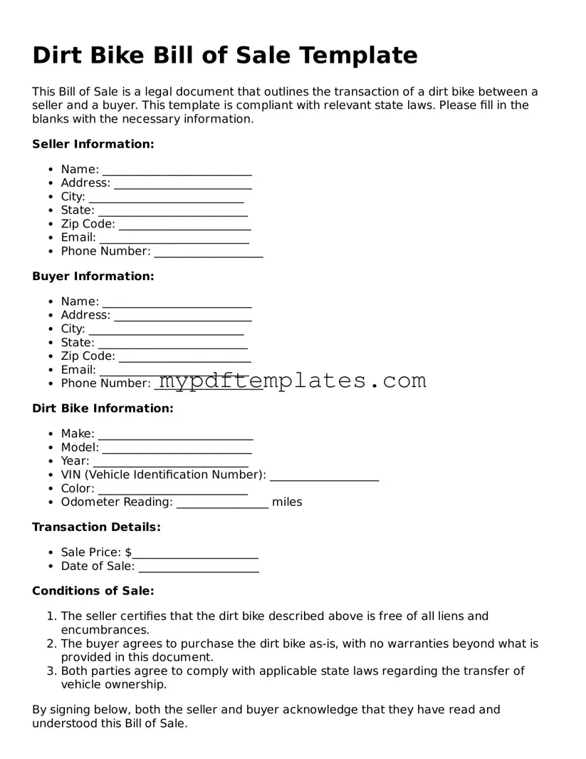 Blank Dirt Bike Bill of Sale Form