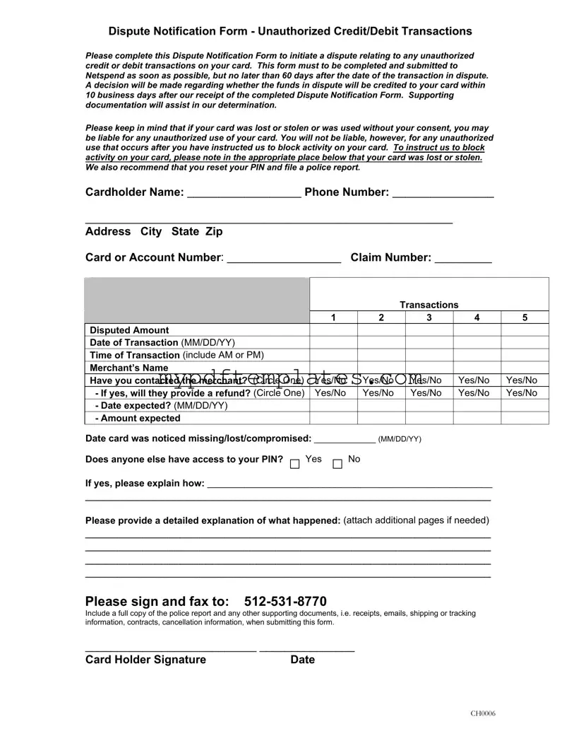 Fill Your Netspend Dispute Template