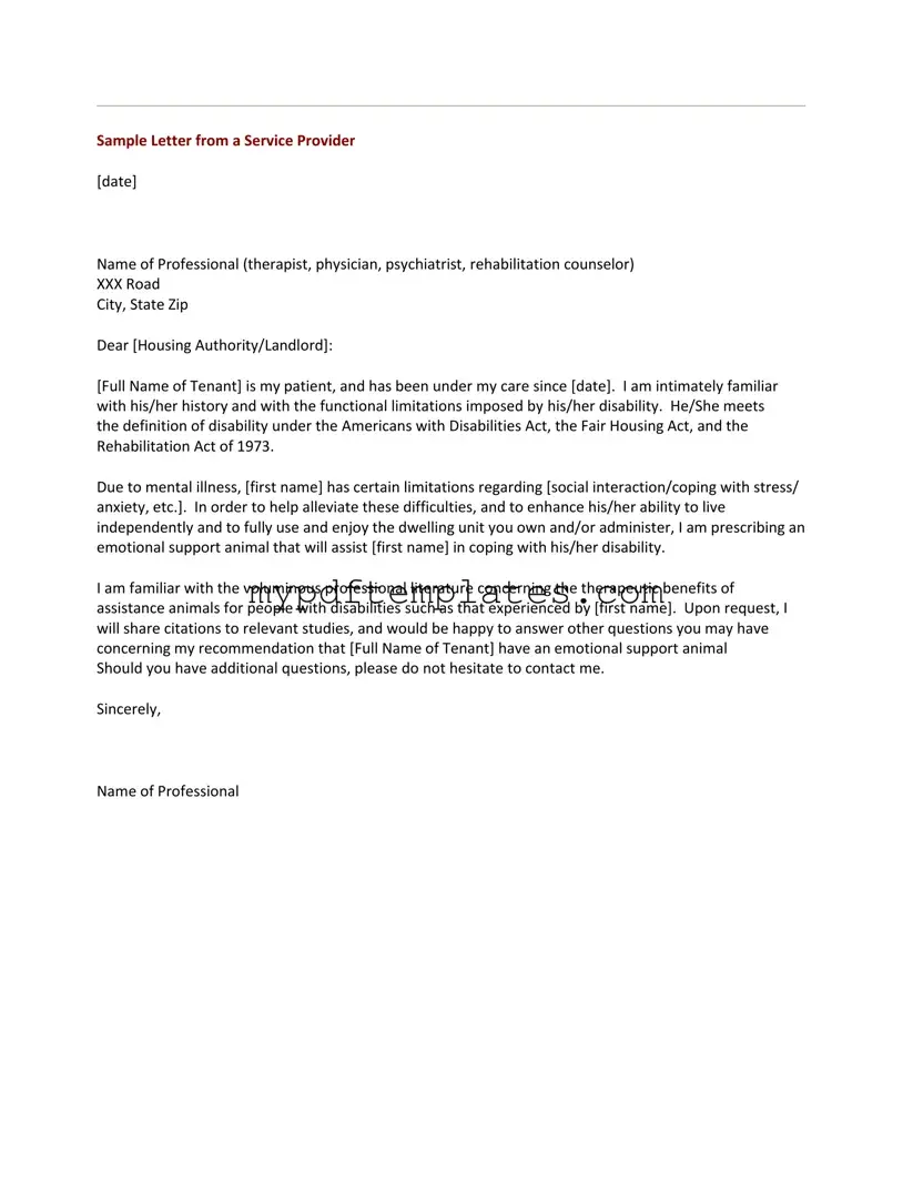 Fill Your Emotional Support Animal Letter Template