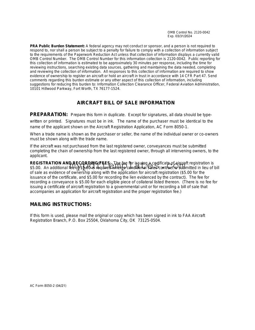 Fill Your Aircraft Bill of Sale AC 8050-2 Template