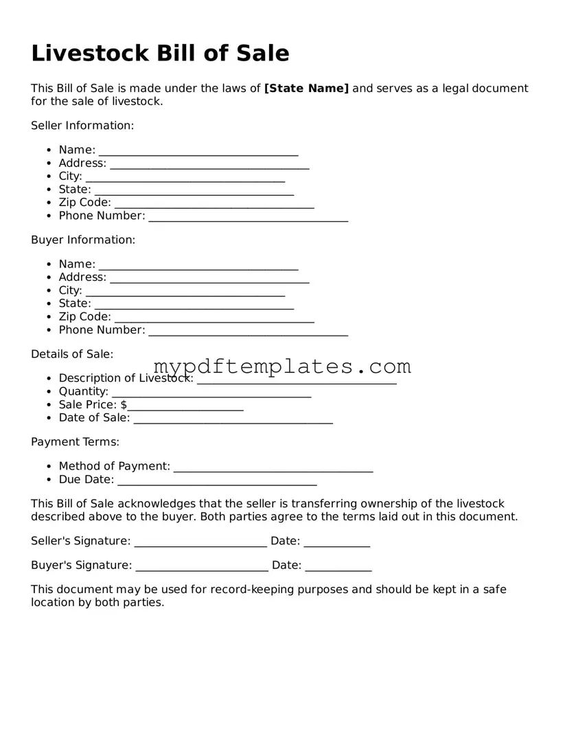 Blank Livestock Bill of Sale Form
