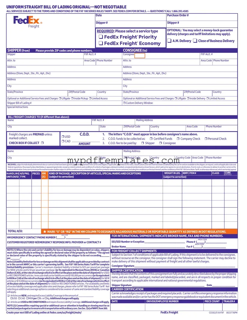 Fill Your Fedex Bill Of Lading Template