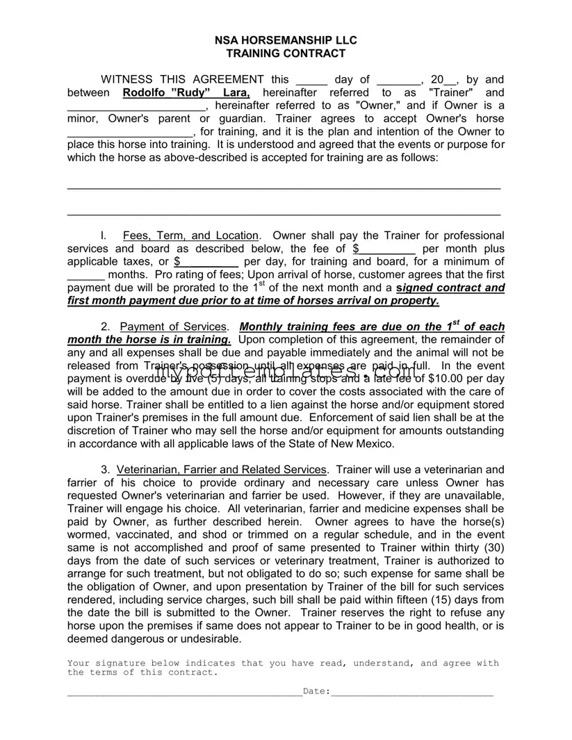 Fill Your Horse Training Contract Template