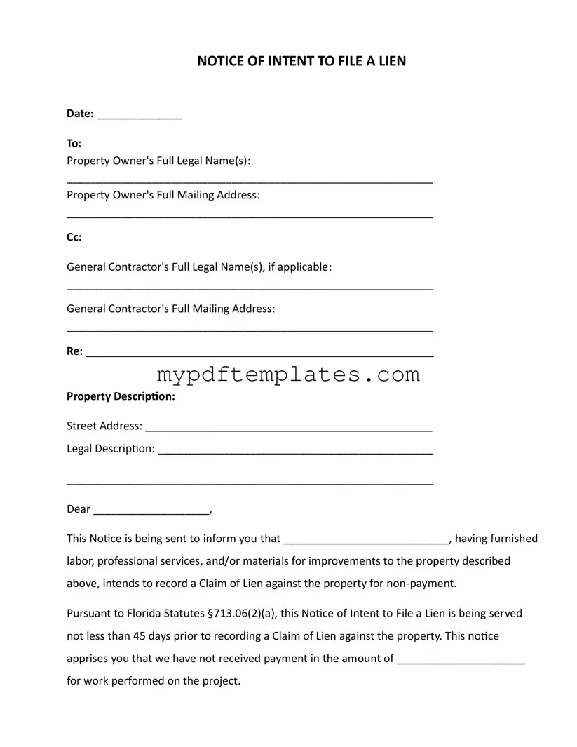 Fill Your Intent To Lien Florida Template