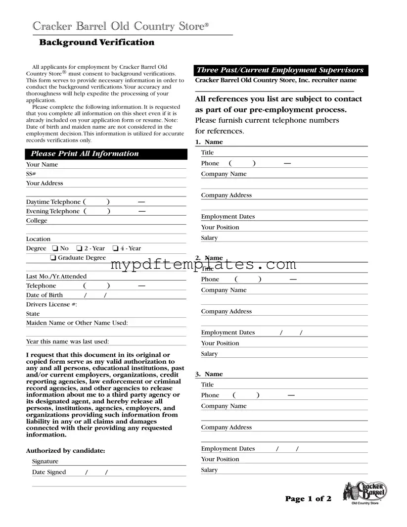Fill Your Cracker Barrel Background Check Template