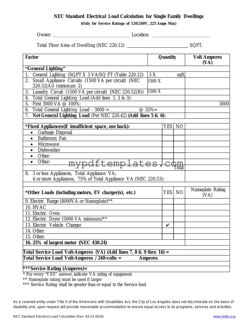 Fill Your LADBS NEC Standard Electrical Load Calculation Template