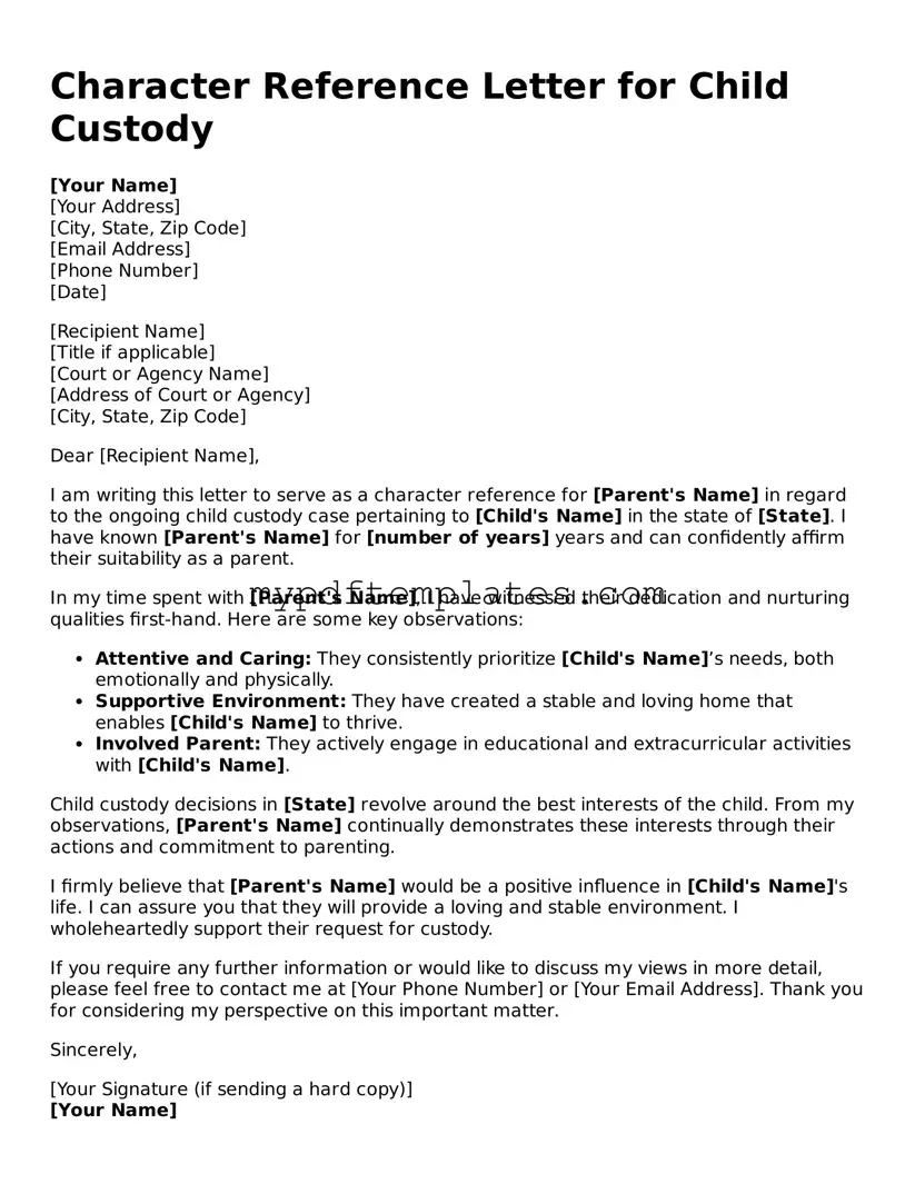 Blank Character Reference Letter for Child Custody Form