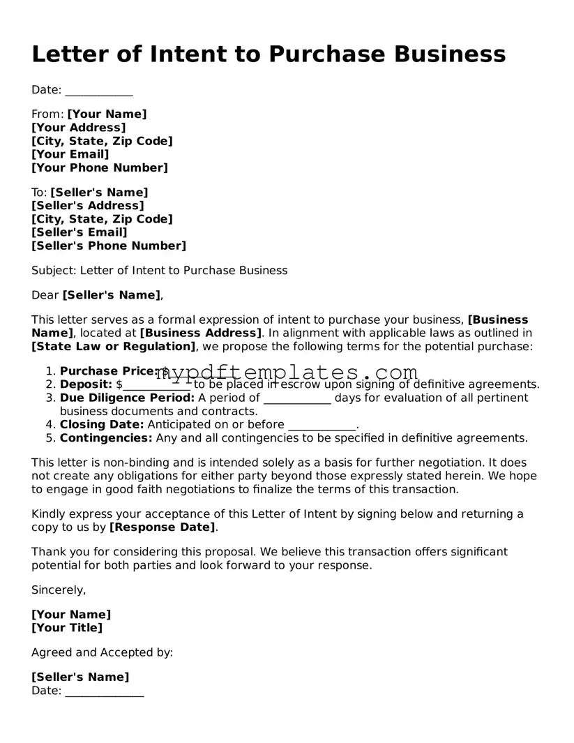Blank Letter of Intent to Purchase Business Form