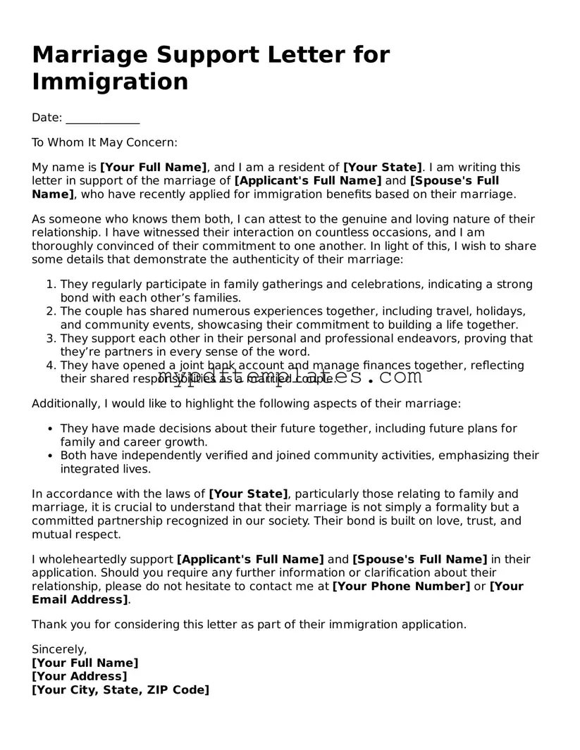 Blank Marriage Support Letter for Immigration Form