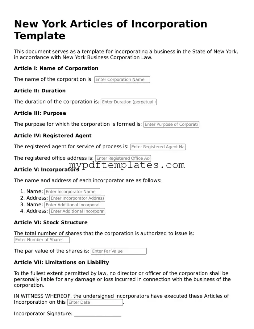 Free New York Articles of Incorporation Template