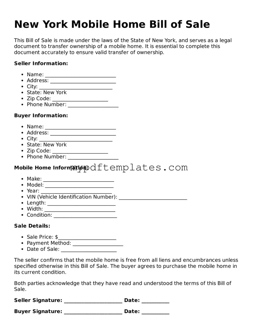 Free New York Mobile Home Bill of Sale Template