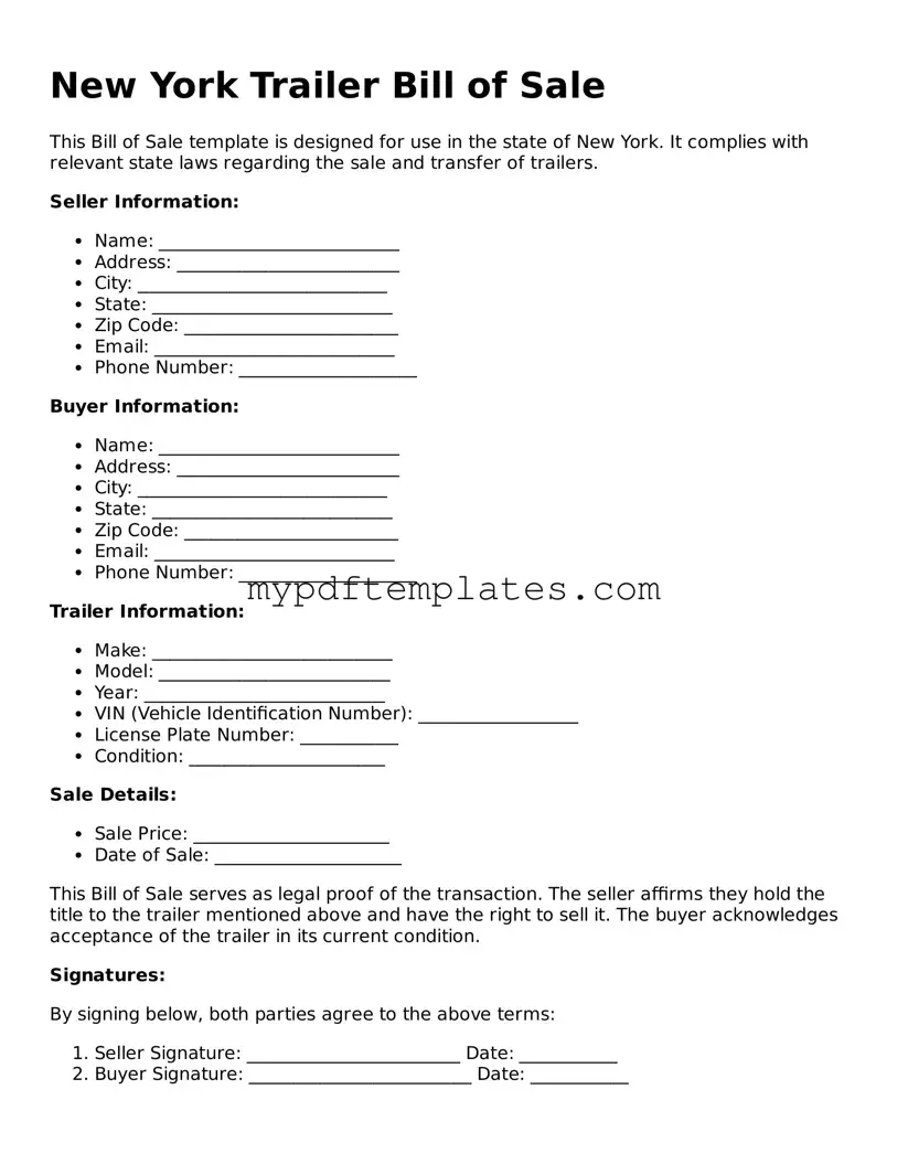 Free New York Trailer Bill of Sale Template