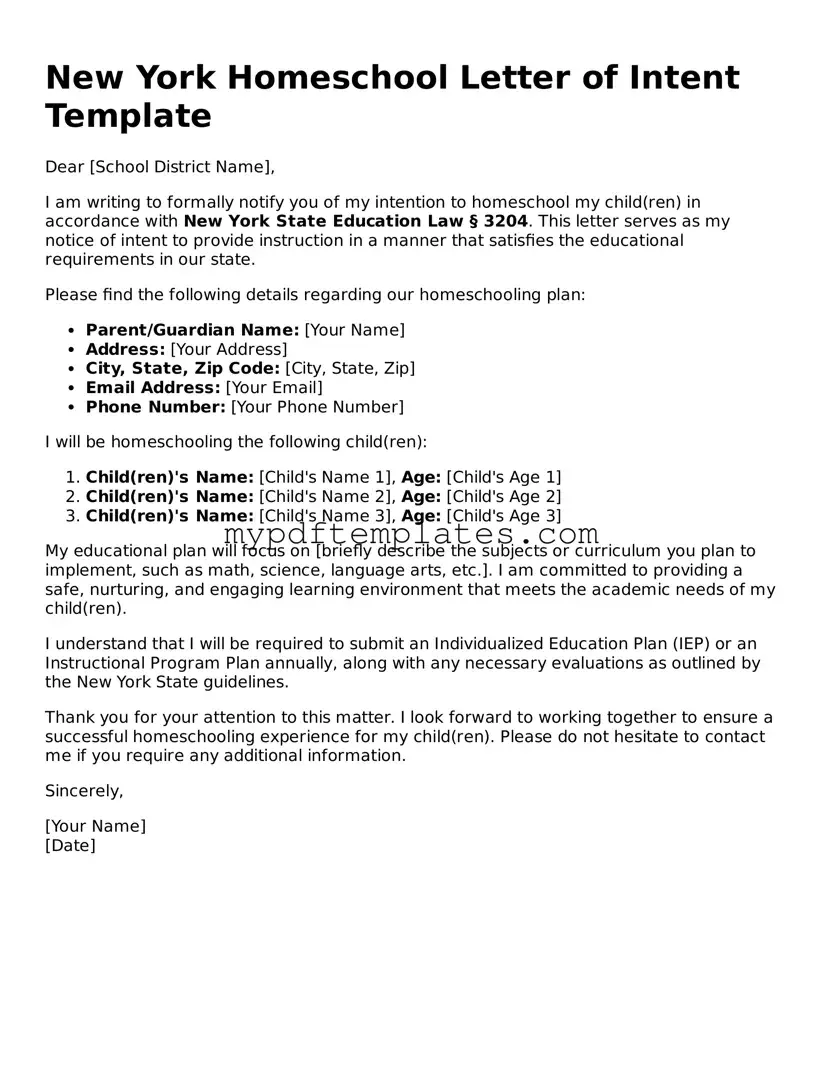 Free New York Homeschool Letter of Intent Template